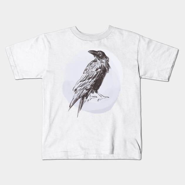 Hand drawn illustration of raven forest bird Kids T-Shirt by Lshvsk